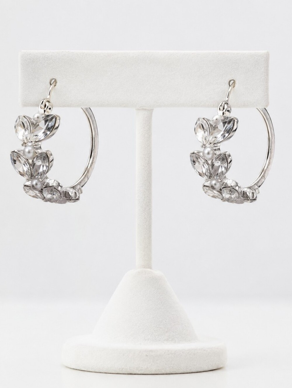 Silver Tone Crystal Floral Hoop Earrings Sparkly Rhinestone Statement